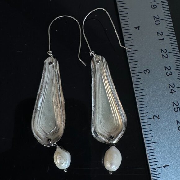 Genuine Pearls Antique Sterling Silver 925 Earrings Drop Dangle Repousse - Picture 8 of 9